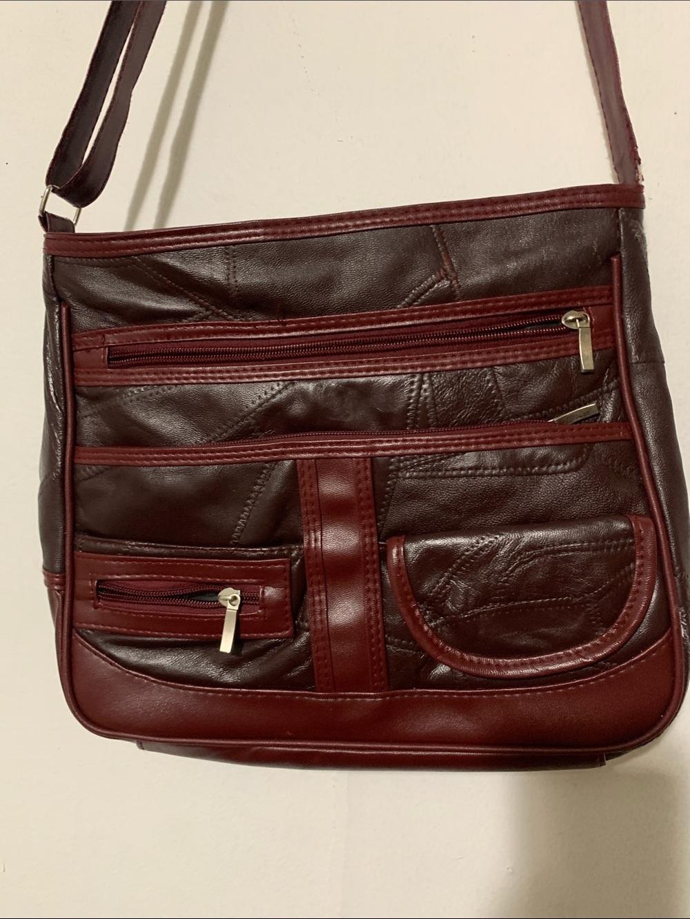 Womens Crossbody Leather Patch Bag in Dark Brown and Burgundy NWOT